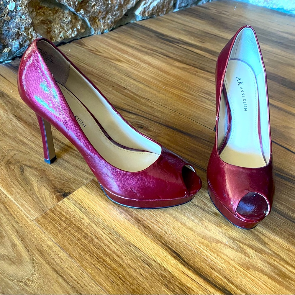 Red faux patent leather open peep toe high heel pump